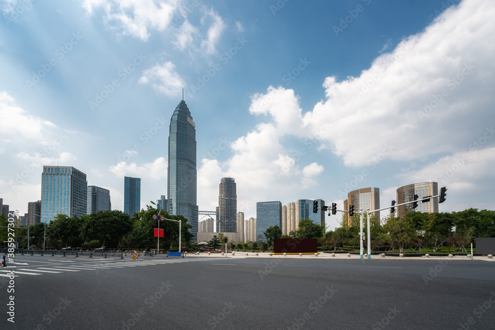 Modern city high-rise buildings, night view of Shaoxing Central Business District, China.