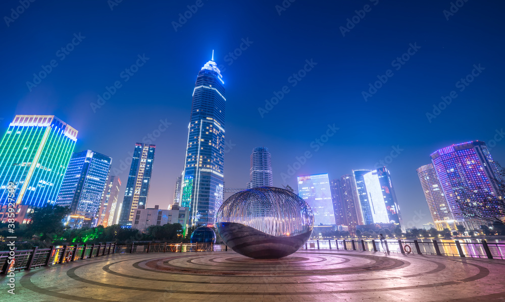 现代城市高层建筑，中国绍兴中央商务区夜景。