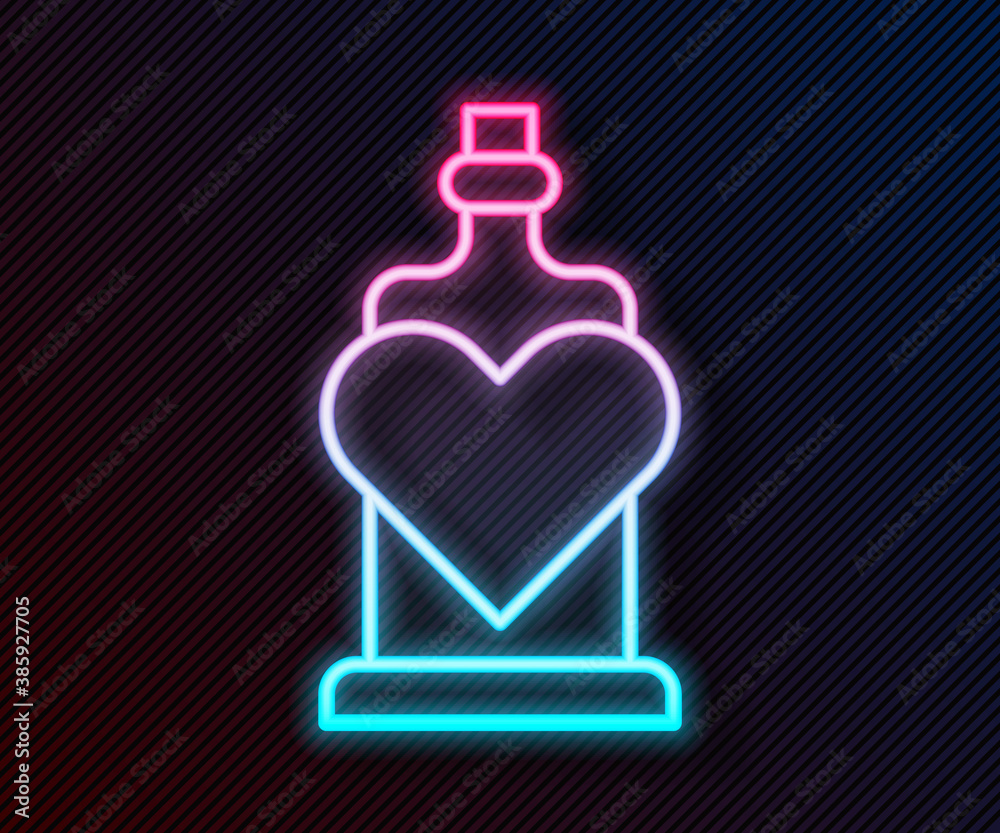 Glowing neon line Bottle with love potion icon isolated on black background. Valentines day symbol. 