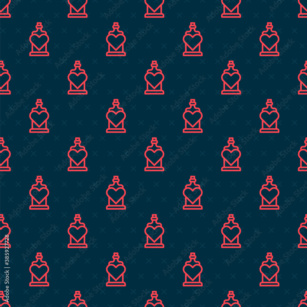 Red line Bottle with love potion icon isolated seamless pattern on black background. Valentines day 