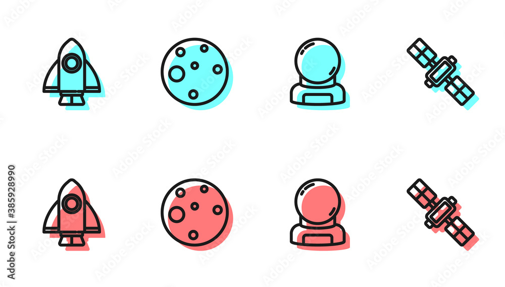 Set line Astronaut helmet, Rocket ship, Planet Mars and Satellite icon. Vector.