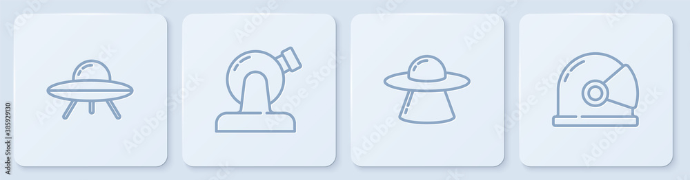 Set line UFO flying spaceship, , Astronomical observatory and Astronaut helmet. White square button.