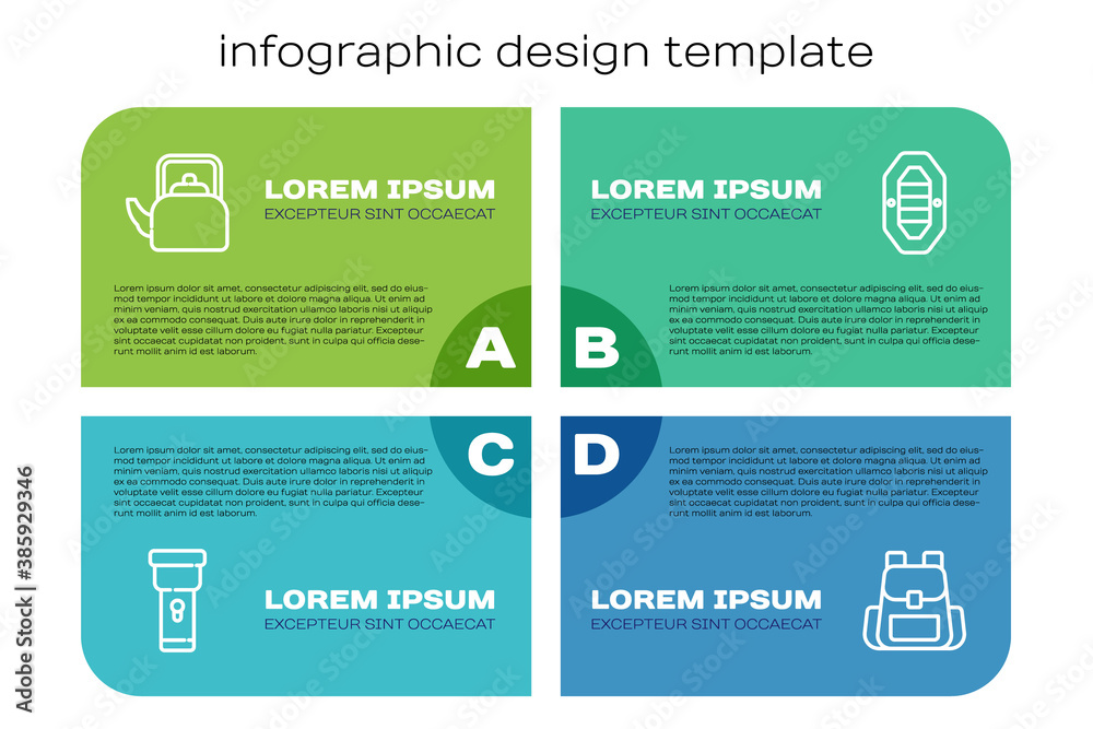 Set line Flashlight, Kettle with handle, Hiking backpack and Rafting boat. Business infographic temp