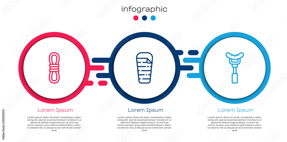 Set line Climber rope, Sleeping bag and Sausage on the fork. Business infographic template. Vector.