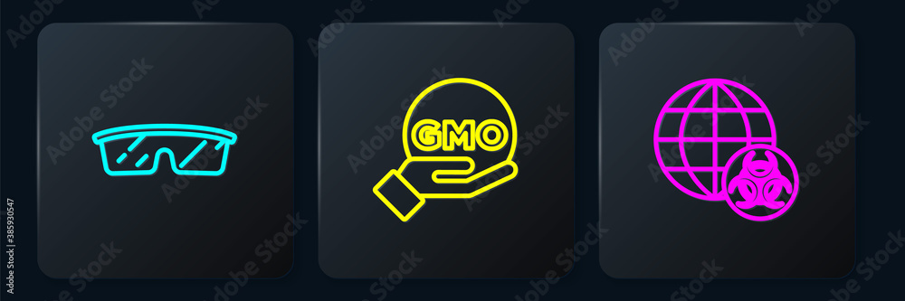 Set line Laboratory glasses, GMO and . Black square button. Vector.