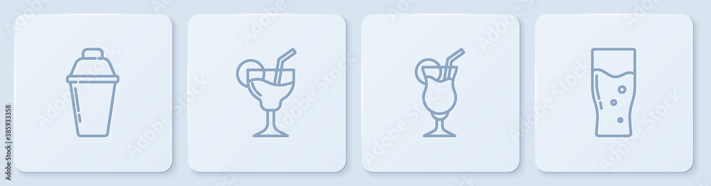 Set line Cocktail shaker, , and Glass of beer. White square button. Vector.