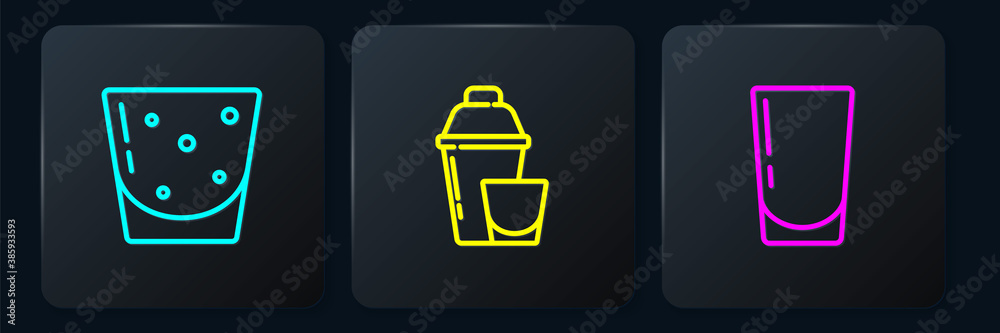 Set line Glass of rum, with water and Cocktail shaker. Black square button. Vector.