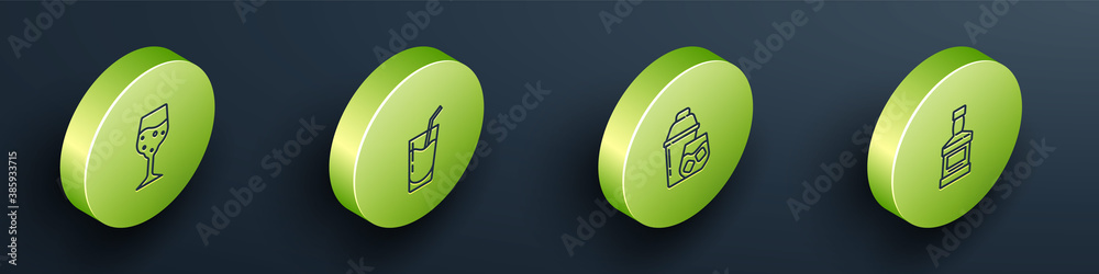 Set Isometric line Glass of champagne, Cocktail, shaker and Whiskey bottle icon. Vector.