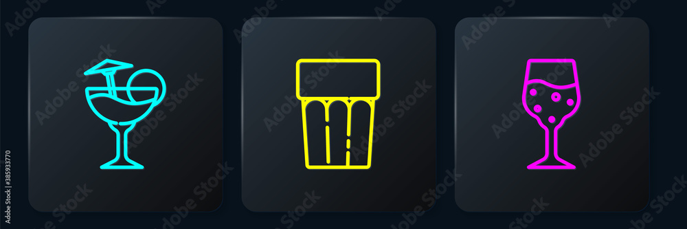 Set line Cocktail, Glass of champagne and with water. Black square button. Vector.