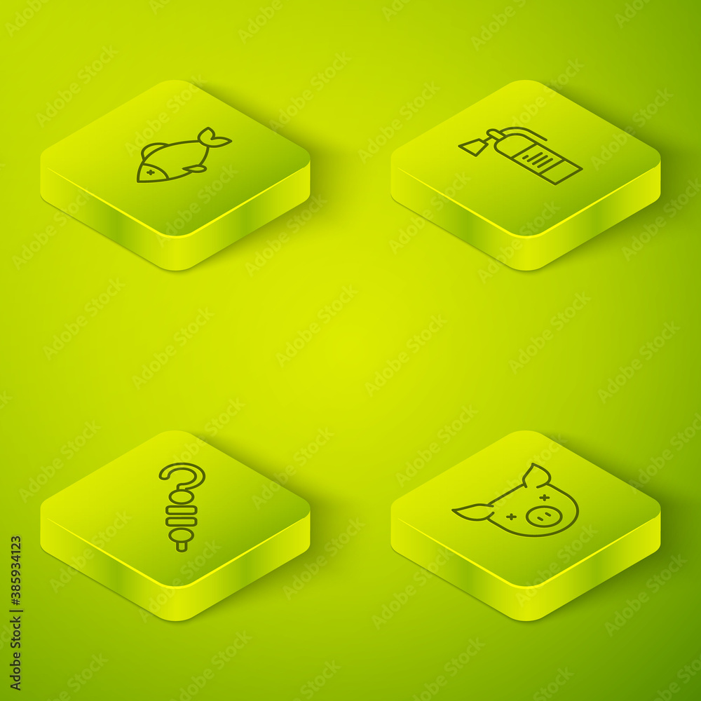 Set Isometric line Fire extinguisher, Grilled shish kebab, Pig and Fish icon. Vector.