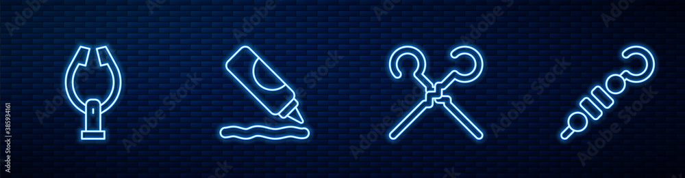 Set line BBQ skewers, Meat tongs, Ketchup bottle and Grilled shish kebab. Glowing neon icon on brick