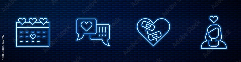 Set line Healed broken heart, Calendar with, Heart in speech bubble and Couple love. Glowing neon ic