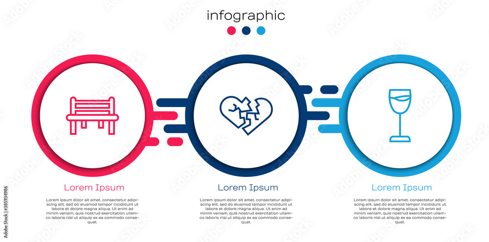 Set line Romantic bench, Broken heart or divorce and Wine glass. Business infographic template. Vect