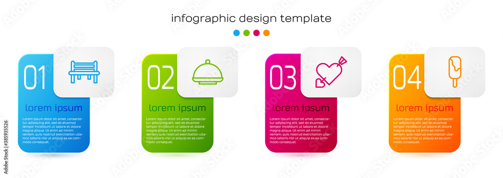 Set line Romantic bench, Covered with tray, Amour heart and arrow and Ice cream. Business infographi