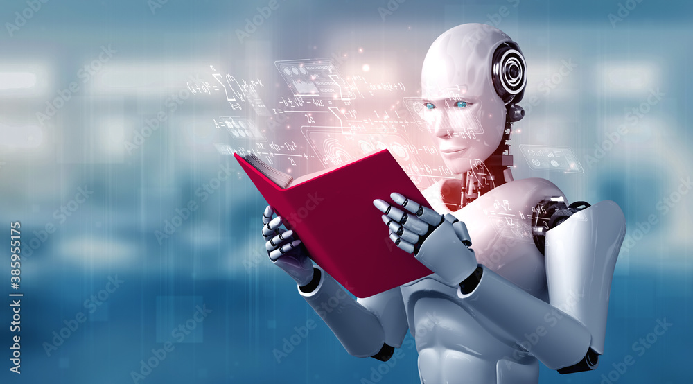 3D illustration of robot humanoid reading book and solving math data analytics in concept of future 