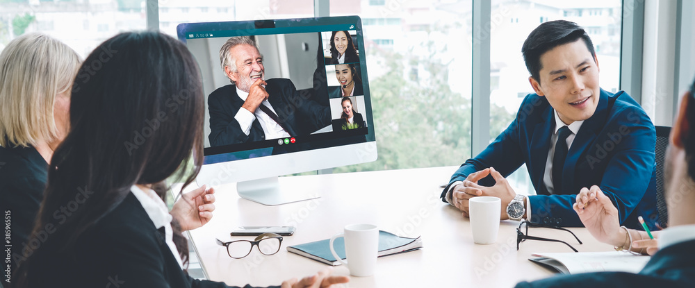 Video call group business people meeting on virtual workplace or remote office. Telework conference 