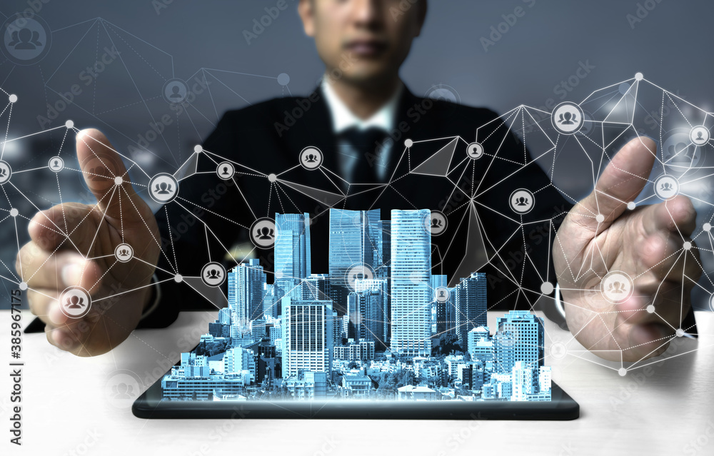 The modern creative communication and internet network connect in smart city . Concept of 5G wireles