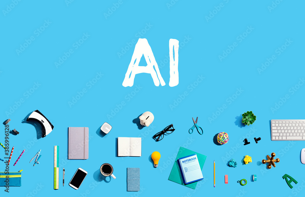 AI with collection of electronic gadgets and office supplies