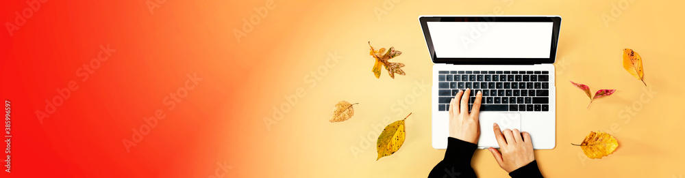 Autumn leaves with person using a laptop computer from above