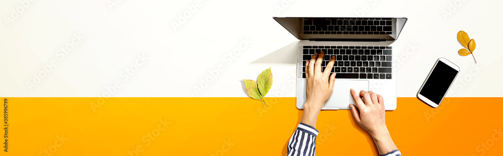 Autumn leaves with person using a laptop computer from above