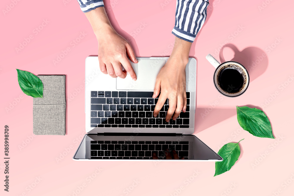 Person using a laptop computer with green leaves from above