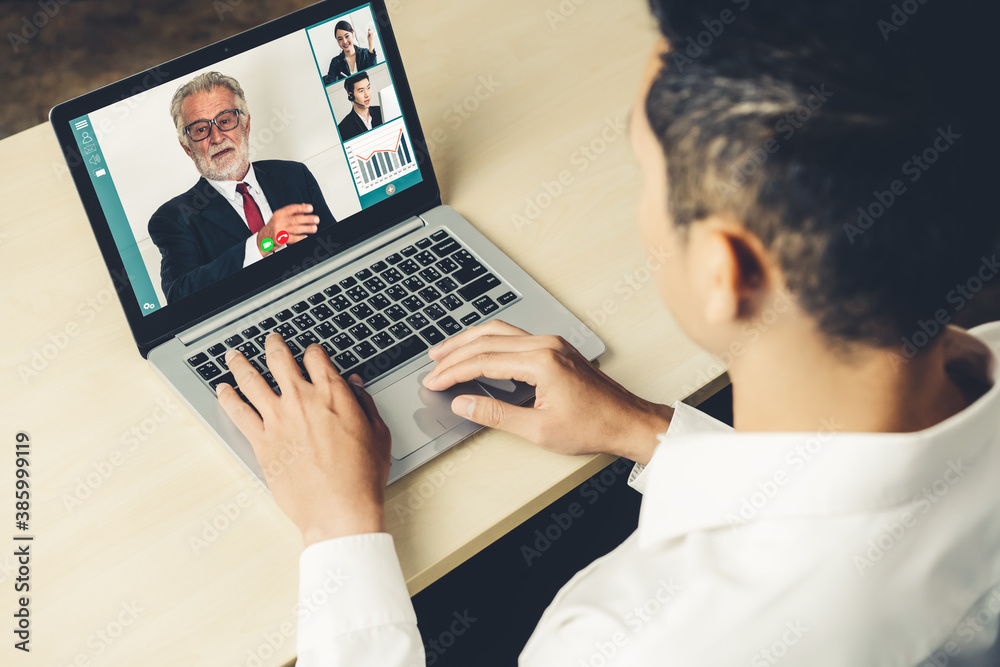 Video call business people meeting on virtual workplace or remote office. Telework conference call u