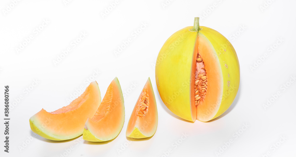 Cantaloupe on white background. yellow Melon on white.