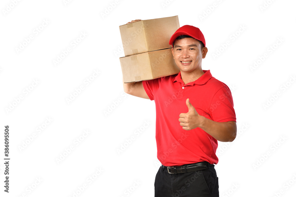 Asian delivery man in red uniform with parcel cardboard box isolated on white background