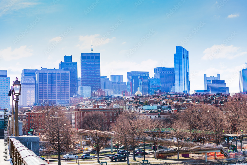 Boston downtown panorama view from Longfellow Bridge, Massachusetts, USA