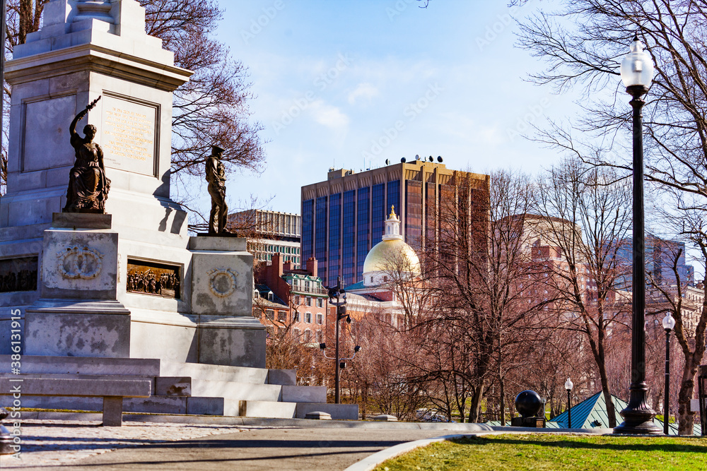 Closeup of Soldiers and Sailors Monument over Boston Common park with Sacred Cod, Massachusetts, USA