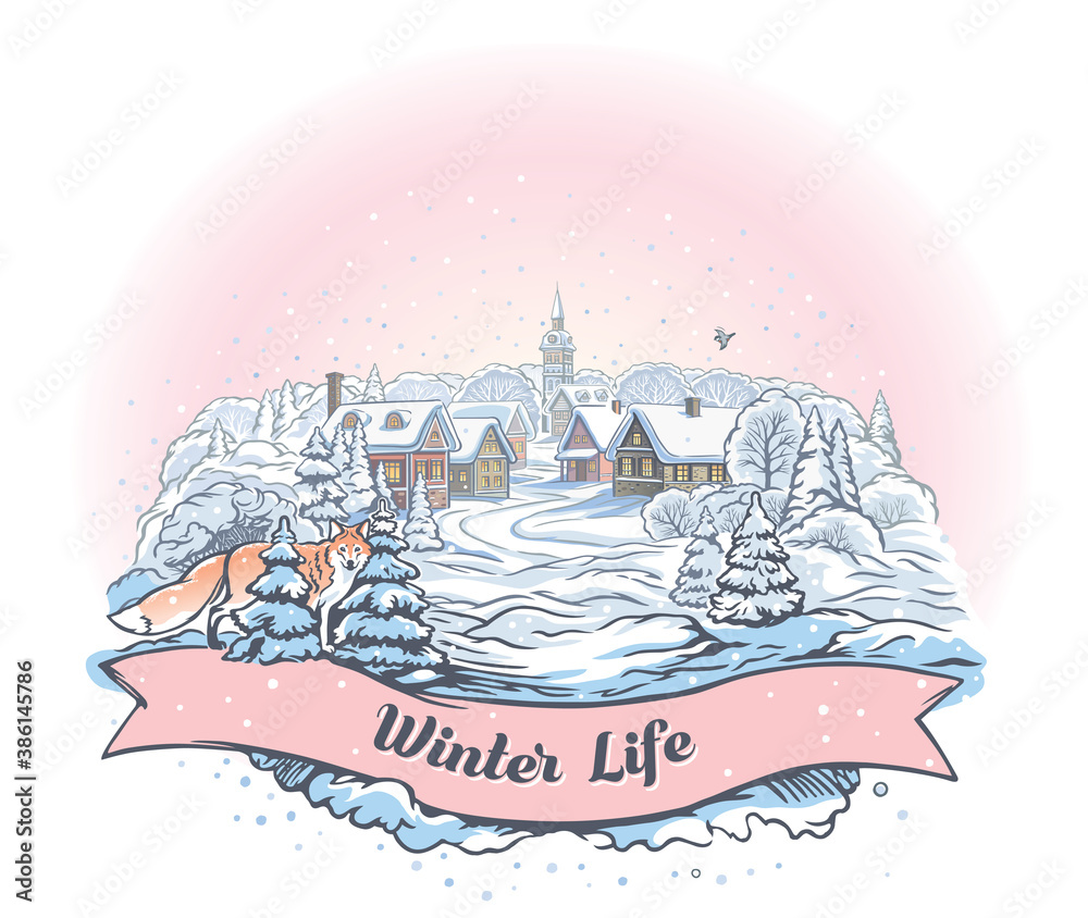 Illustration of a winter landscape, with a Fox and winter village. And ribbon in the form of a graph