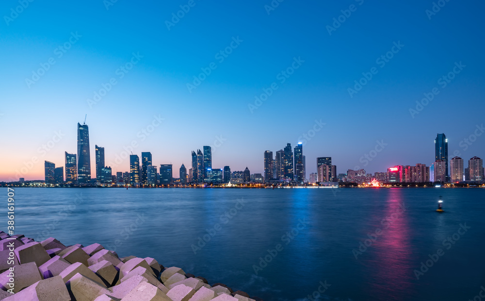 Qingdao coastline and urban architectural landscape skyline