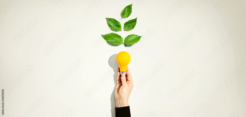 Person holding a light bulbs with green leaves