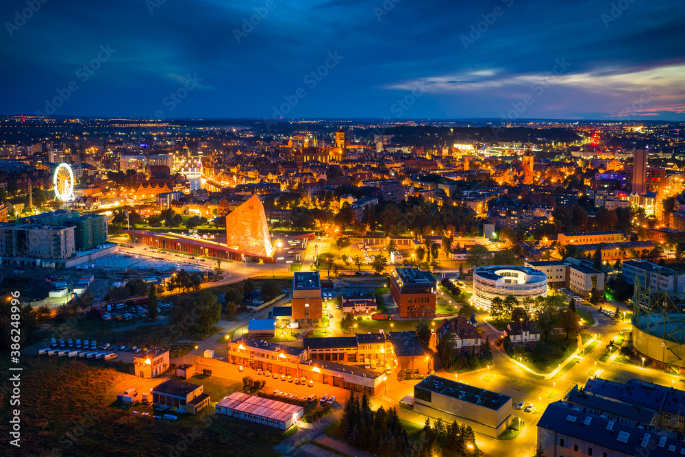 Aerial view of the Gdansk city at dusk, Poland