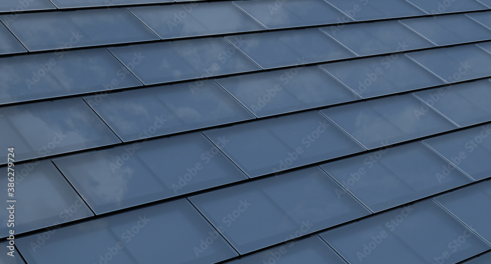 Solar Roof Shingles. Building-integrated photovoltaics system consisting of modern monocrystal black