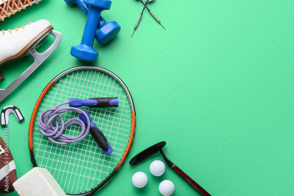 Set of sport equipment on color background