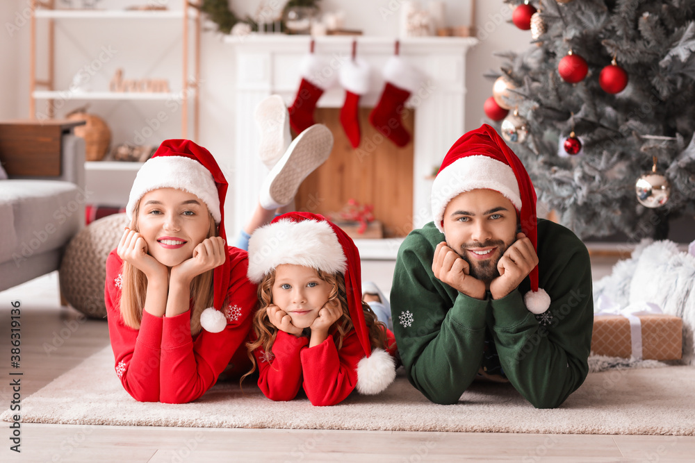 Young family at home on Christmas eve