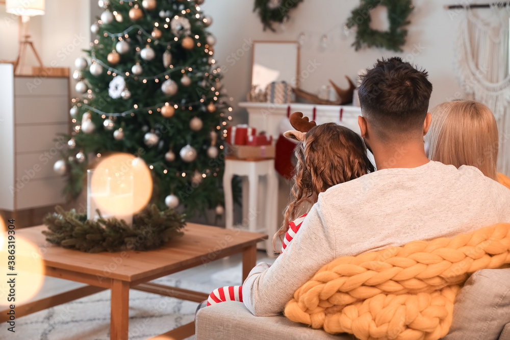 Young family at home on Christmas eve