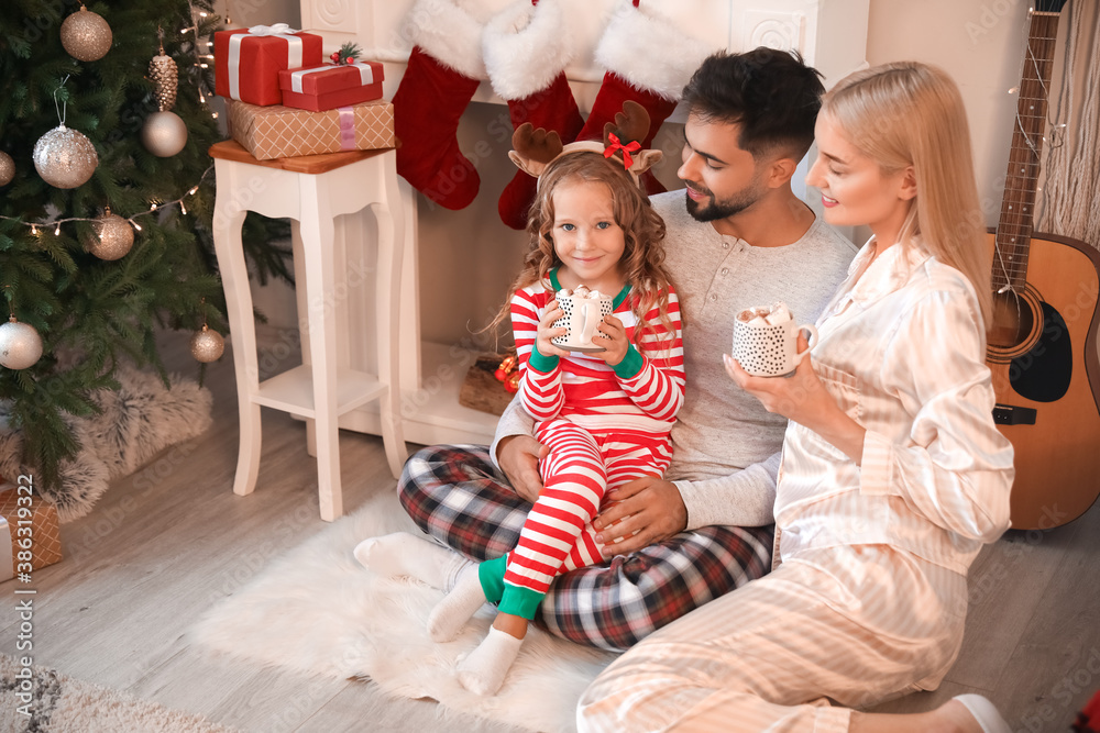 Young family drinking cacao drink at home on Christmas eve