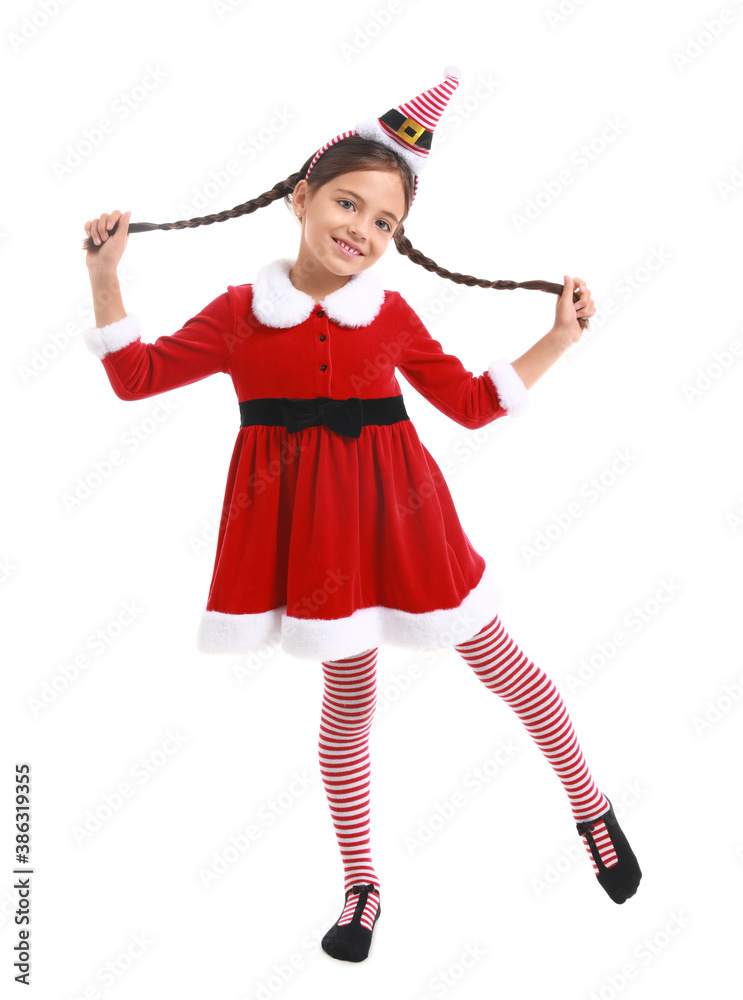 Cute little girl in Santa Claus costume on white background