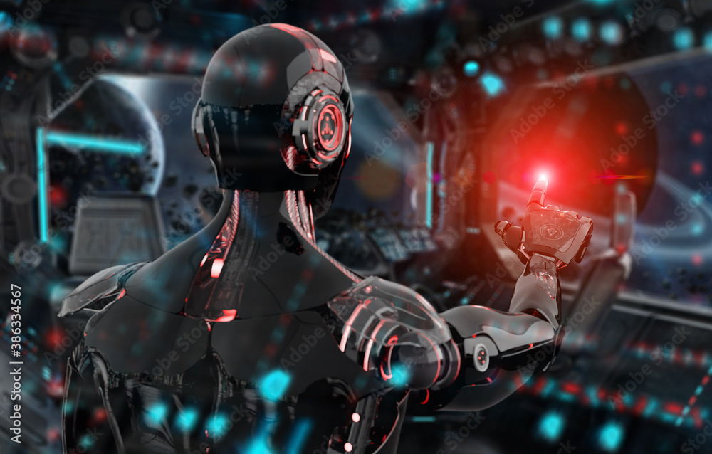 Black and red intelligent robot cyborg pointing finger on dark 3D rendering