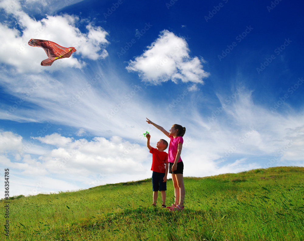 Boy and girl having flying a kite in summer