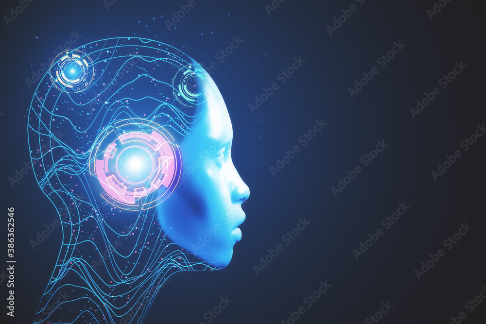 Abstract blue digital robot head hologram