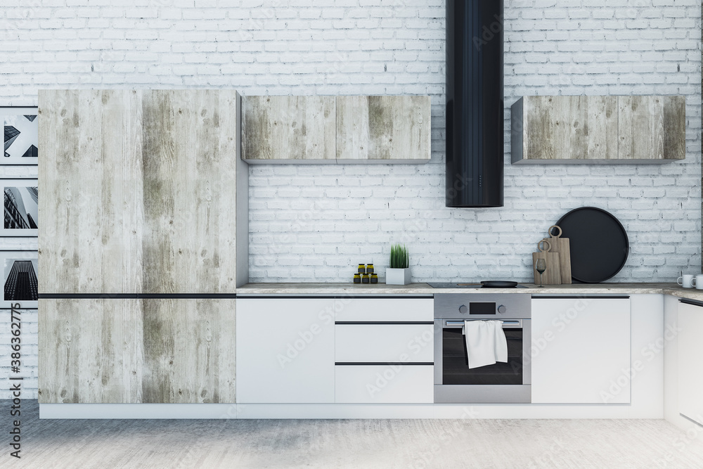 Modern wooden kitchen studio interor.