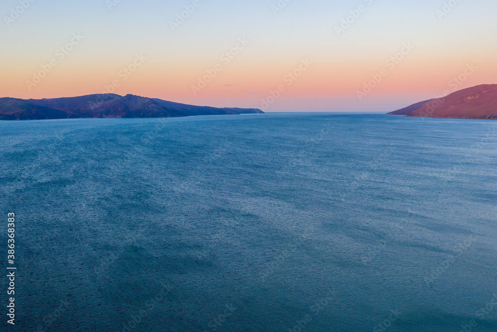 Beautiful morning view of the sea. Aerial landscape of the sea bay and coast. View of the horizon. R