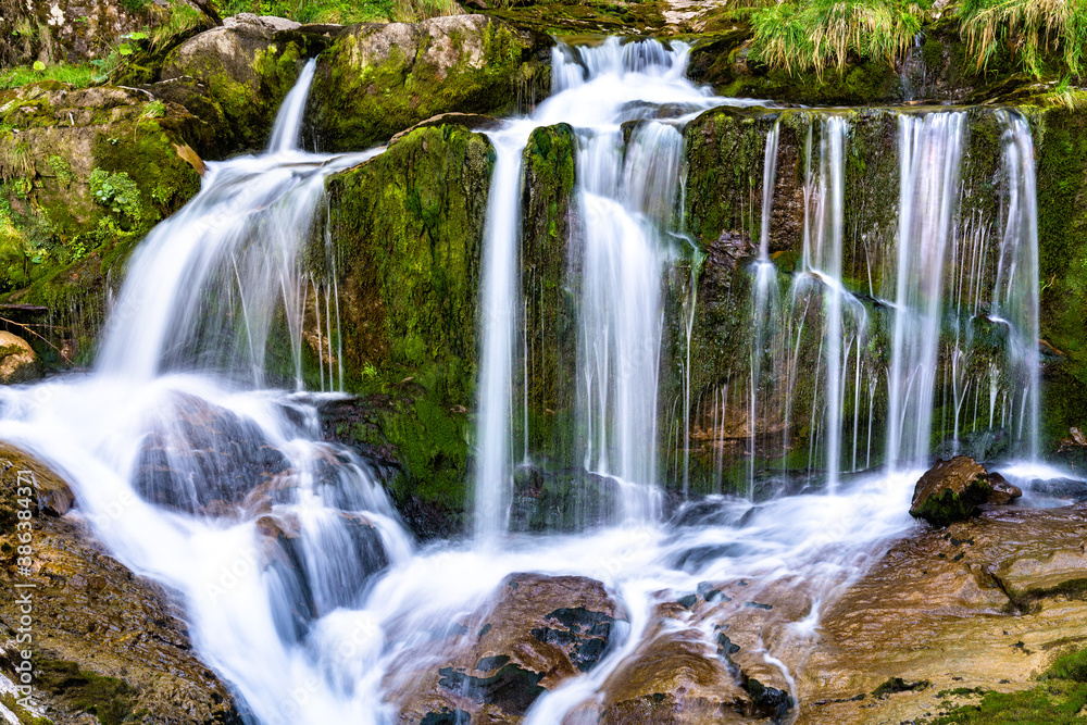 View of Giessbach Waterfall at Brienzersee Lake in Switzerland