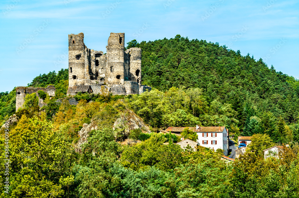 Aerial view of the ruins of Domeyrat Castle in Auvergne, France