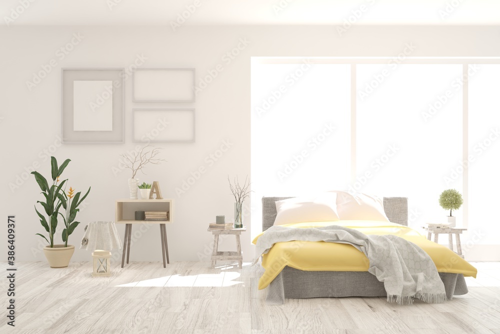 White bedroom interior. Scandinavian design. 3D illustration