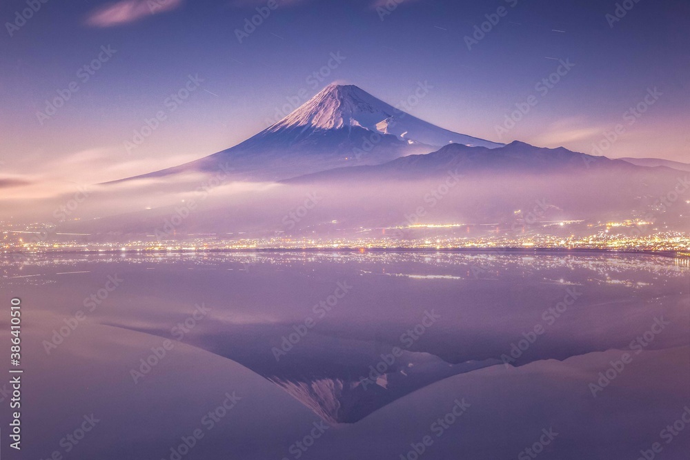 Mount Fuji and Numazu City lights at night in winter