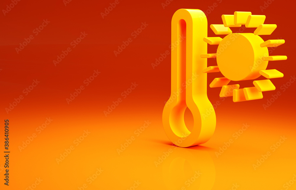 Yellow Meteorology thermometer measuring heat and cold icon isolated on orange background. Thermomet